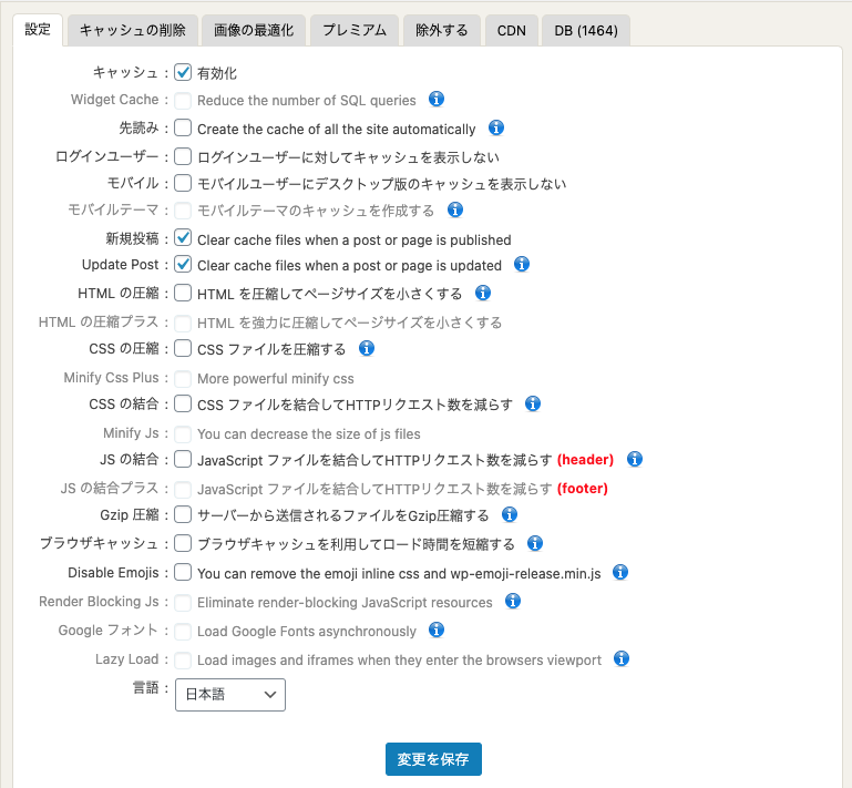 Example setting of WP Fastest Cache